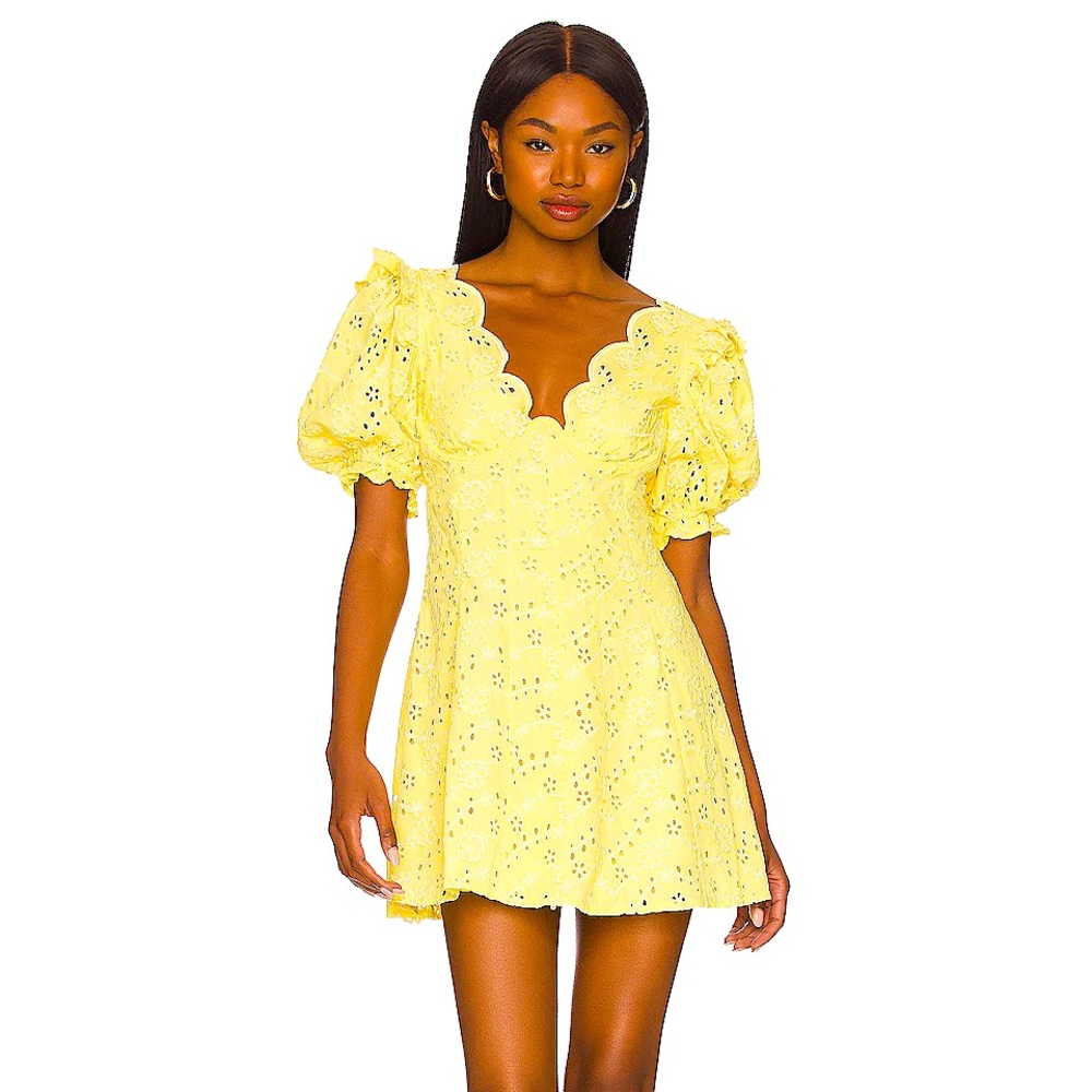 Yellow Floral Embroidered Puff Sleeve Mini Dress